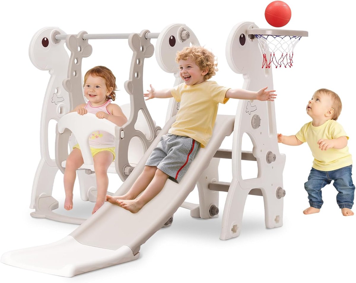 indoor babyglijbaan klim vrijstaande speelset met basketbalring & in hoogte verstelbare schommel (grijs)