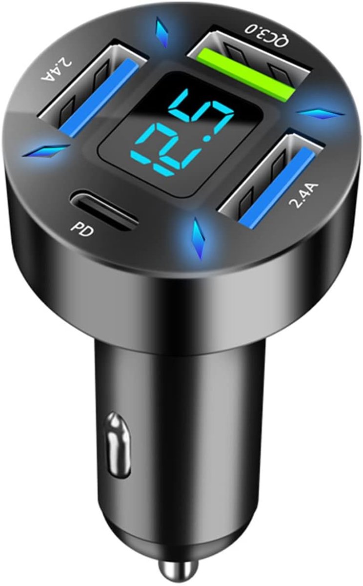 4-Poorts Autolader USB C Snellader 50W QC3.0 & PD Car Charger Supersnel Opladen, met LED Voltmeter met iPhone, Android, Samsung, Galaxy, Huawei, Xiaomi, Tablet en Alle