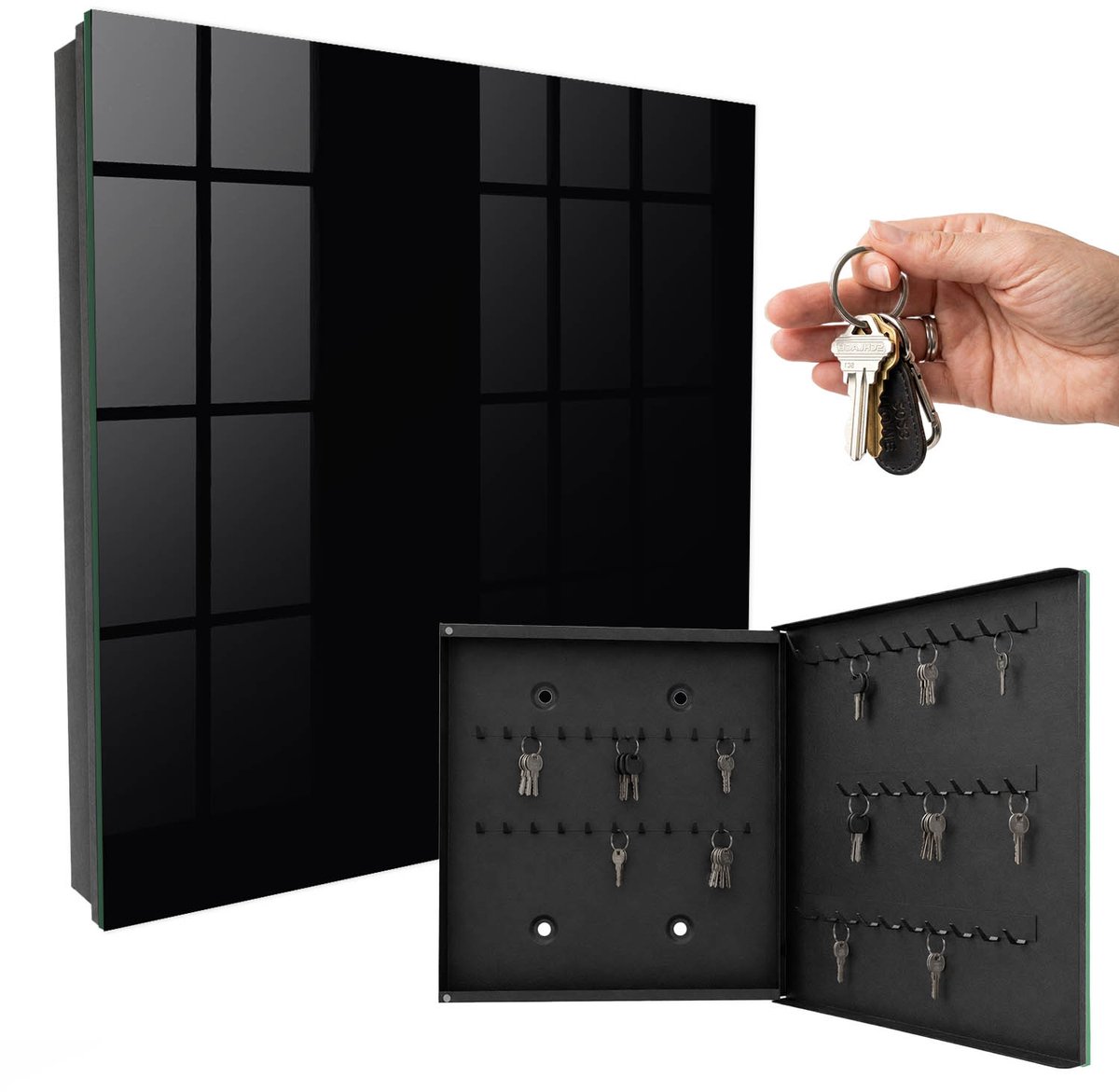 WallMuralia - Sleutelkast - 30x30x5 cm - met 50 haken - Zwart Leuk Sleutelkastje - Zwart Sleutelbox - Rechtsopenend - Zwart interieur