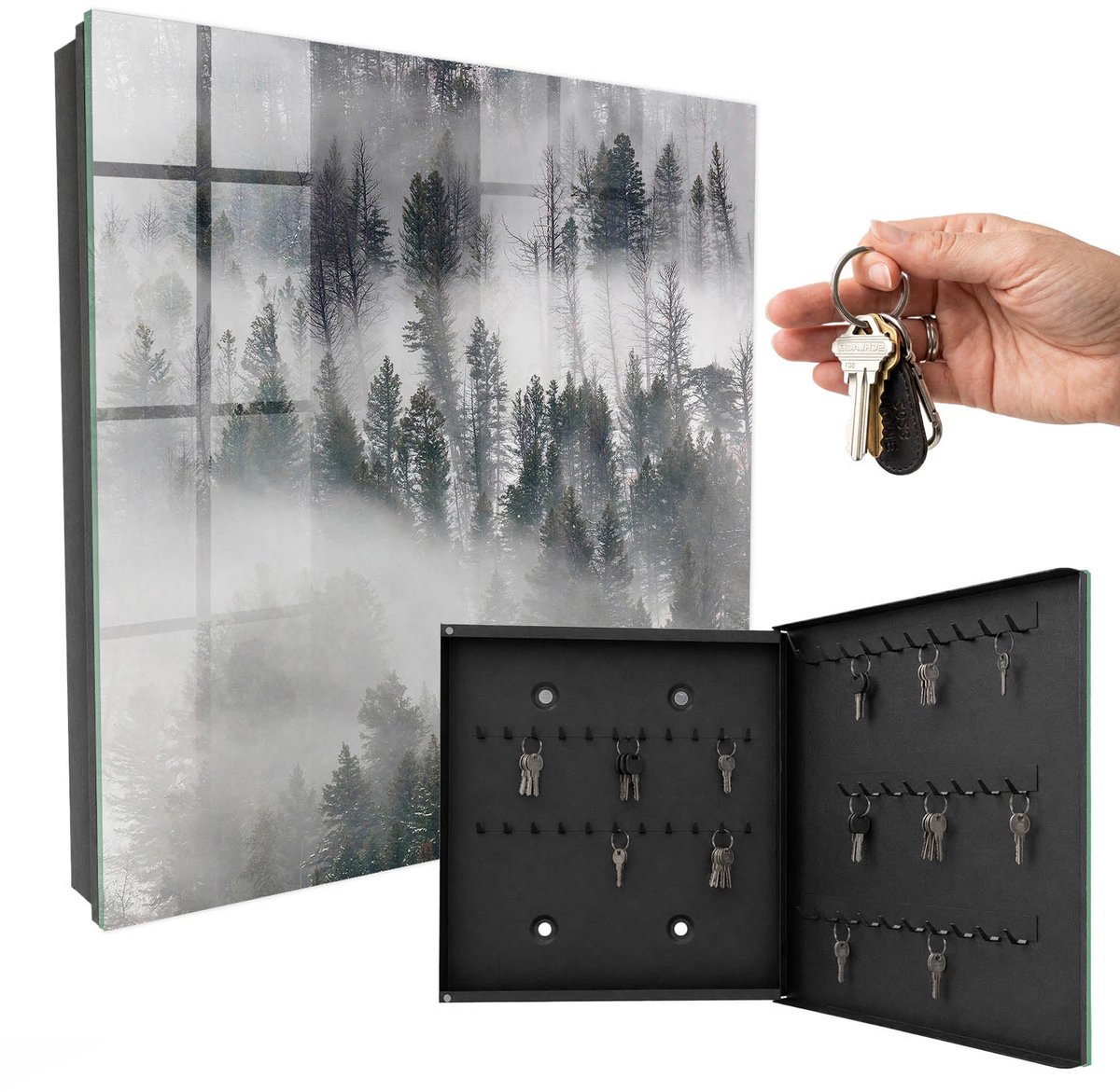 WallMuralia - Sleutelkast - 30x30x5 cm - met 50 haken - Mistig Groen Sleutelkastje Binnen - Groente Sleutelbox - Rechtsopenend - Zwart interieur