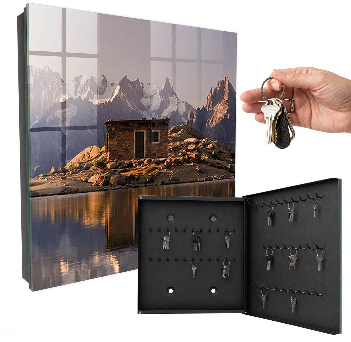 WallMuralia - Sleutelkast - 30x30x5 cm - met 50 haken - Bergvrede Groot Sleutelkastje - Bruin Sleutelbox - Rechtsopenend - Zwart interieur