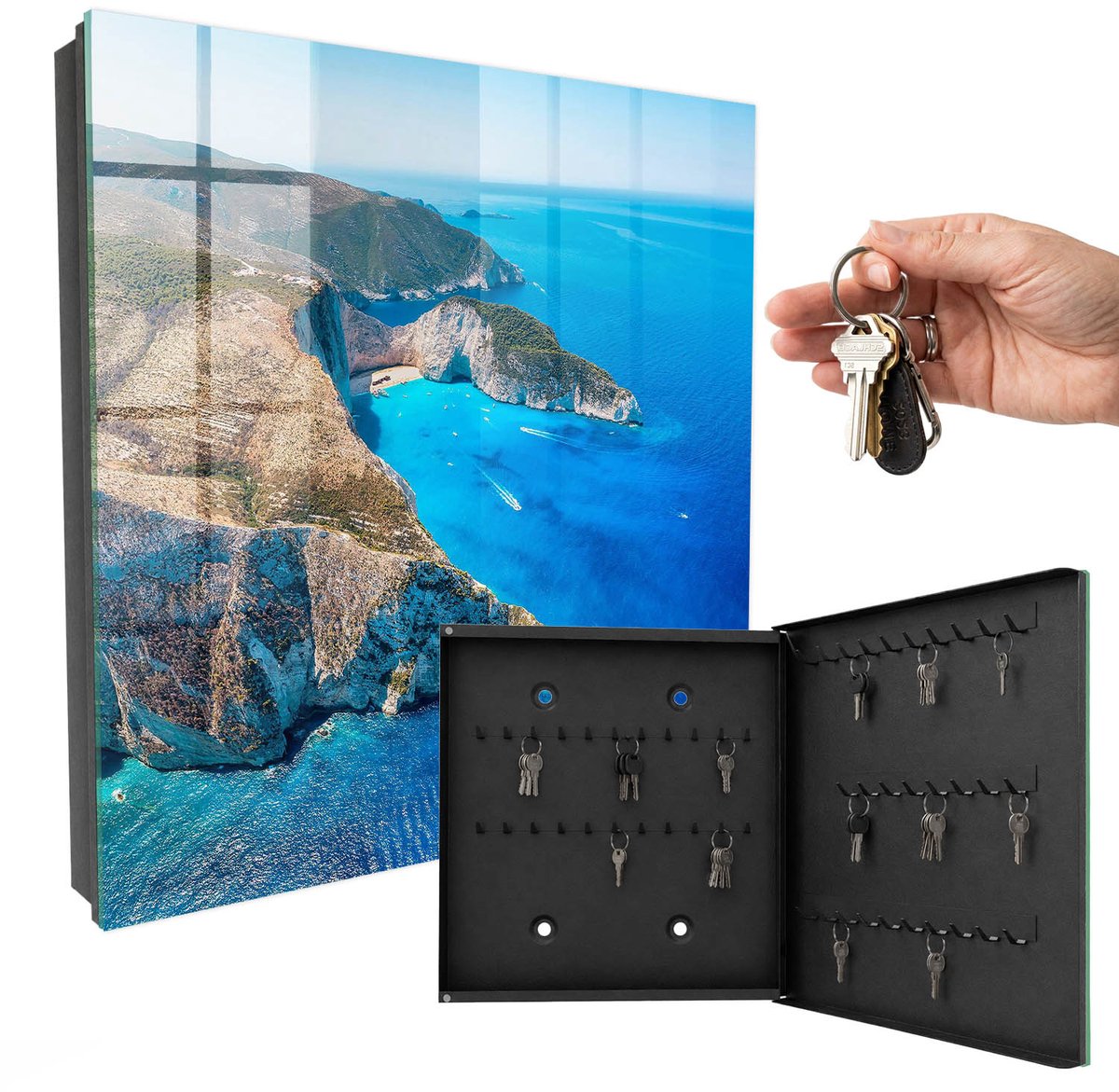 WallMuralia - Sleutelkast - 30x30x5 cm - met 50 haken - Franse Rivièra Sleutelkastje Voor Binnen - Blauw Sleutelbox - Rechtsopenend - Zwart interieur