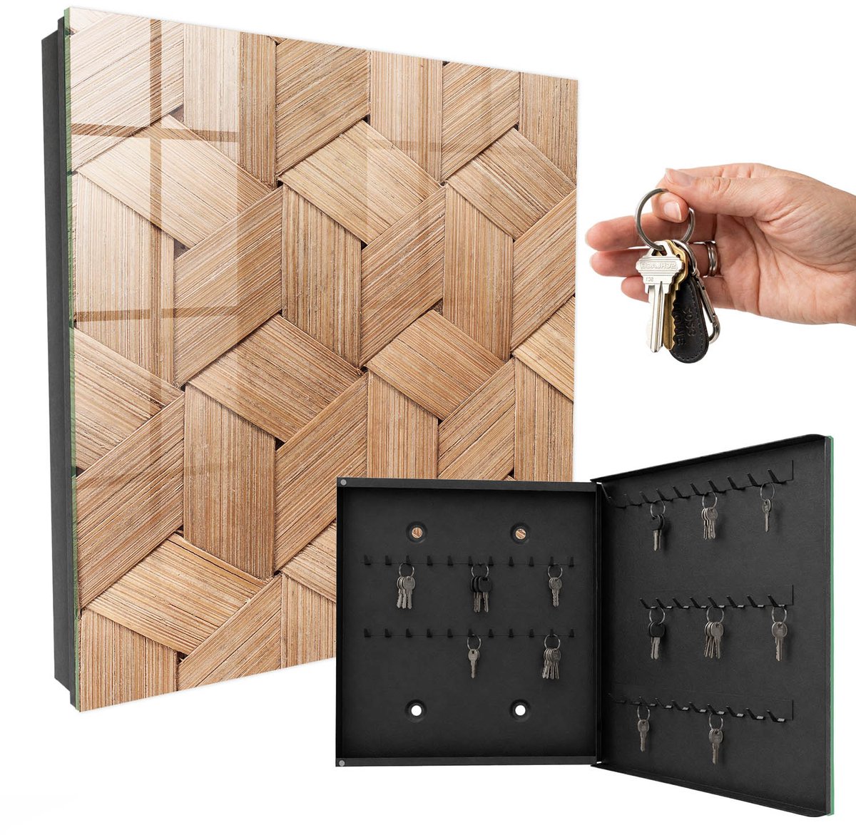 WallMuralia - Sleutelkast - 30x30x5 cm - met 50 haken - De Geometrie Van De Natuur Design Sleutelkastje - Bruin Sleutelbox - Rechtsopenend - Zwart interieur