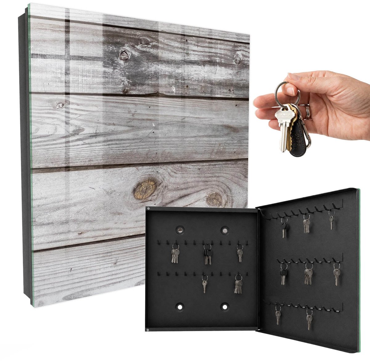 WallMuralia - Sleutelkast - 30x30x5 cm - met 50 haken - Houtstructuur Sleutelkastje Huis - Grijs Sleutelbox - Rechtsopenend - Zwart interieur
