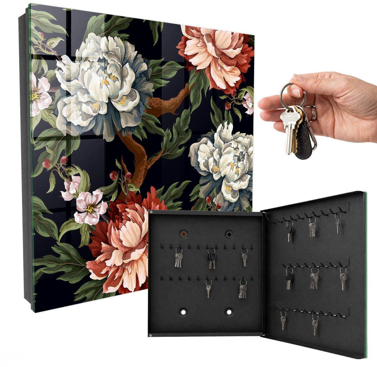 WallMuralia - Sleutelkast - 30x30x5 cm - met 50 haken - Bloemen Van De Natuur Sleutelkastje Voor Binnen - Groente Sleutelbox - Rechtsopenend - Zwart interieur