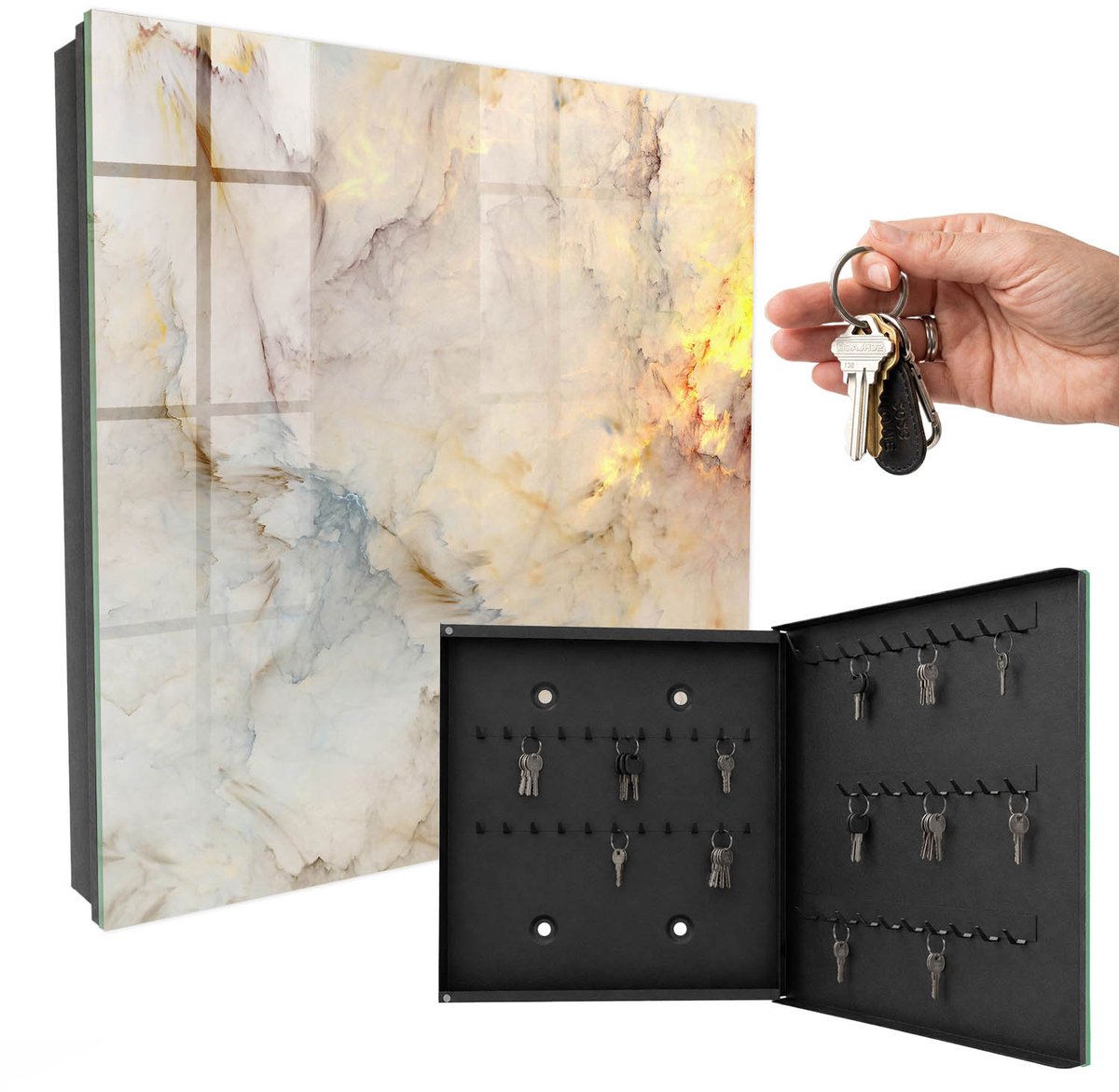 WallMuralia - Sleutelkast - 30x30x5 cm - met 50 haken - Marmeren Elegantie Sleutelkastje Huis - Beige Sleutelbox - Rechtsopenend - Zwart interieur