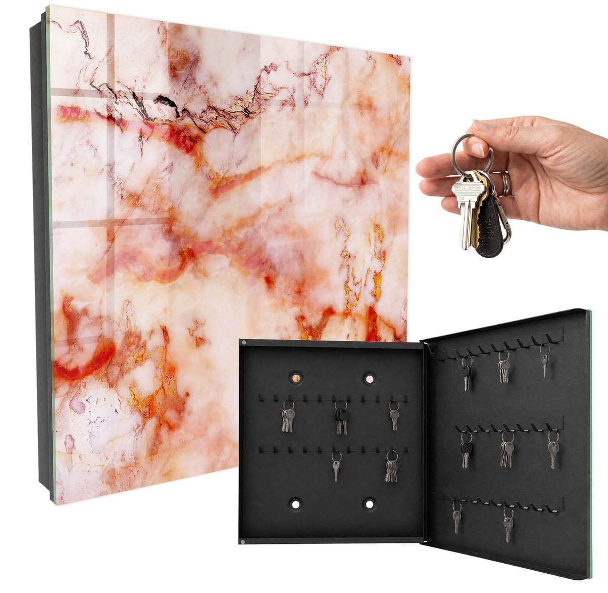 WallMuralia - Sleutelkast - 30x30x5 cm - met 50 haken - Marmerpatroon Sleutelkastje Voor Binnen - Beige Sleutelbox - Rechtsopenend - Zwart interieur