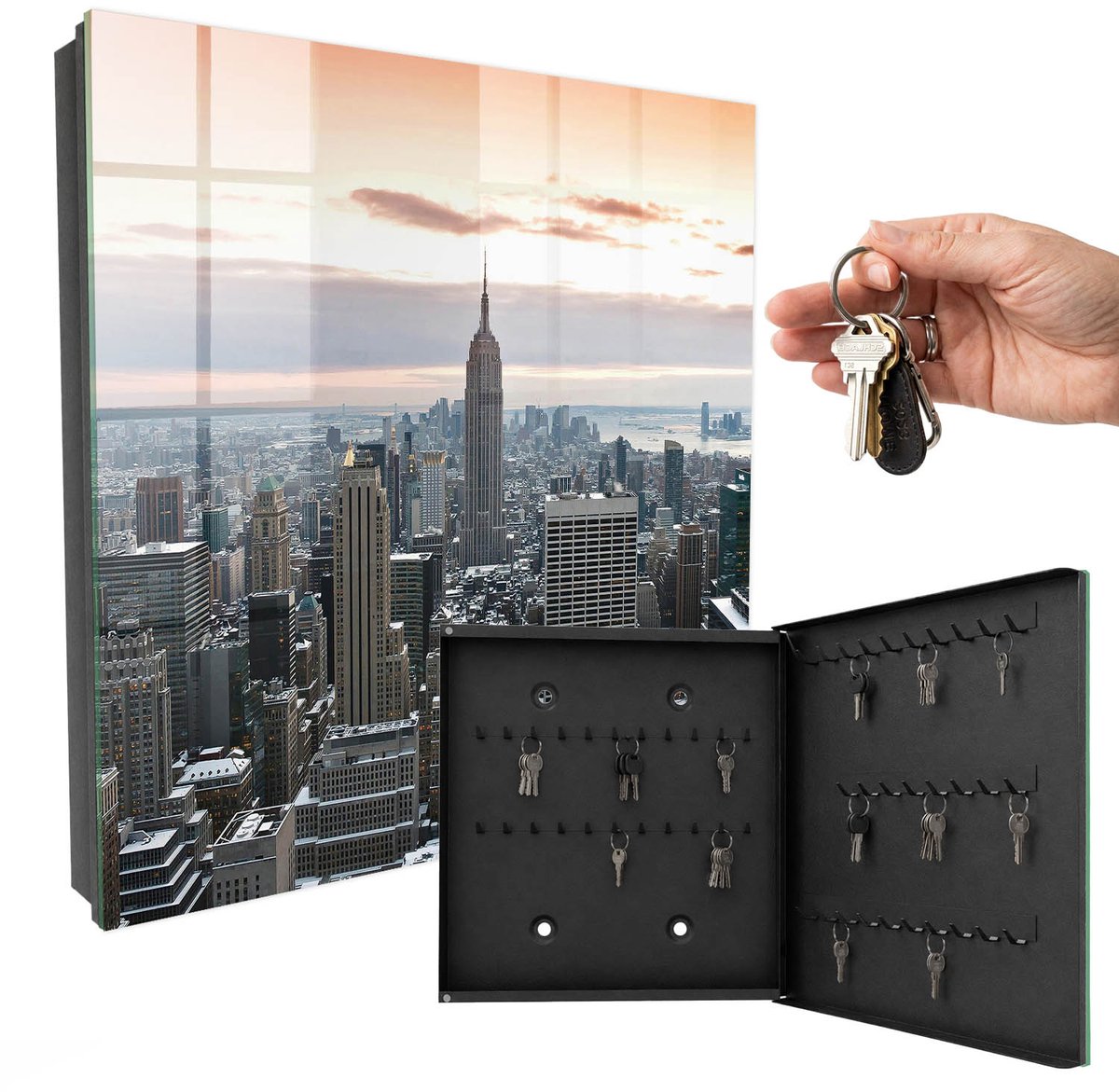 WallMuralia - Sleutelkast - 30x30x5 cm - met 50 haken - Stadspanorama Sleutelkastje Huis - Grijs Sleutelbox - Rechtsopenend - Zwart interieur