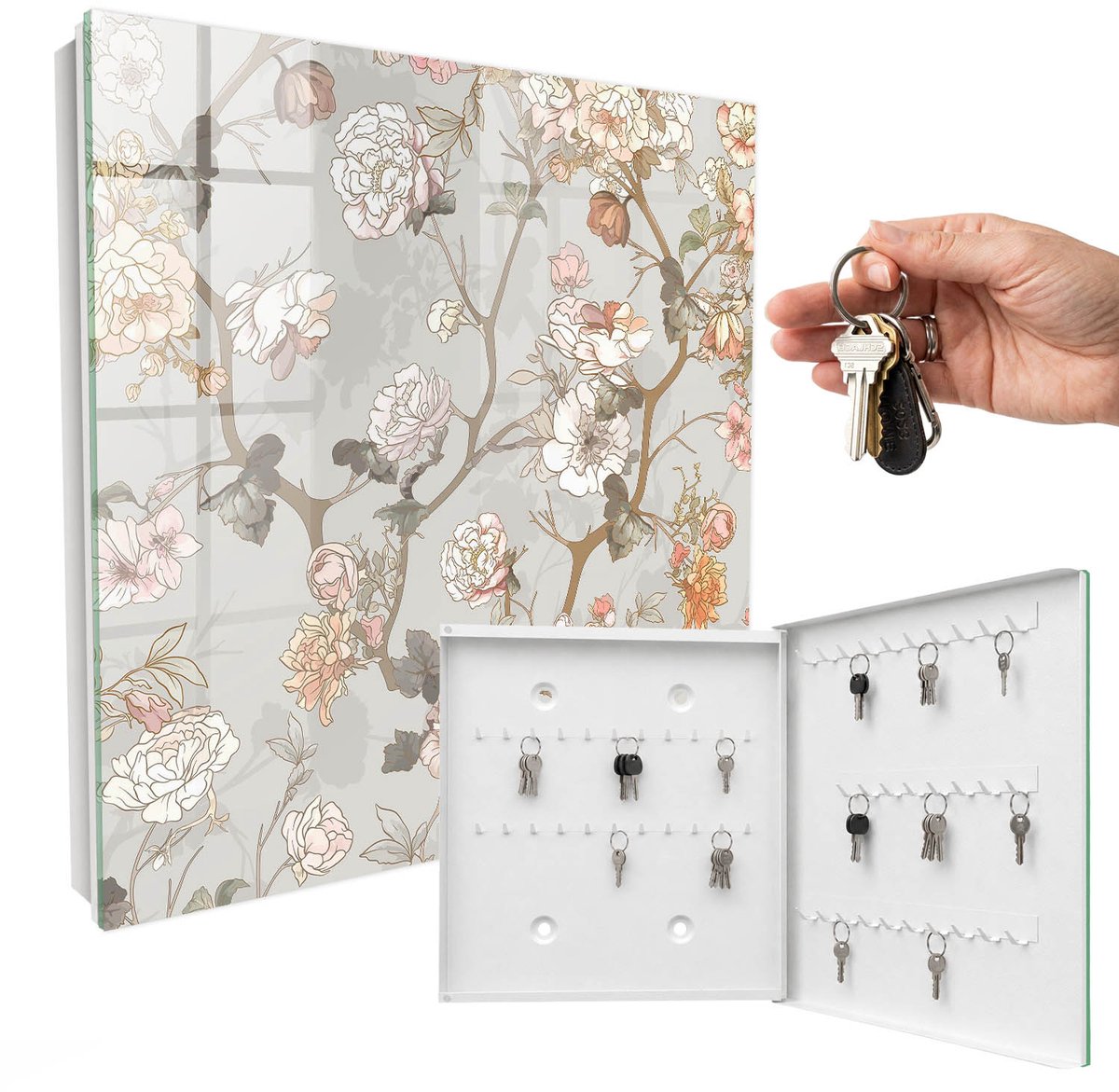 WallMuralia - Sleutelkast - 30x30x5 cm - met 50 haken - Bloemtakken Sleutelkastje Huis - Beige Sleutelbox - Rechtsopenend - Wit interieur