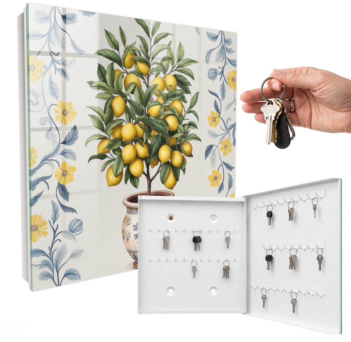 WallMuralia - Sleutelkast - 30x30x5 cm - met 50 haken - Citroenboom Sleutelkastje Klein - Groente Sleutelbox - Rechtsopenend - Wit interieur