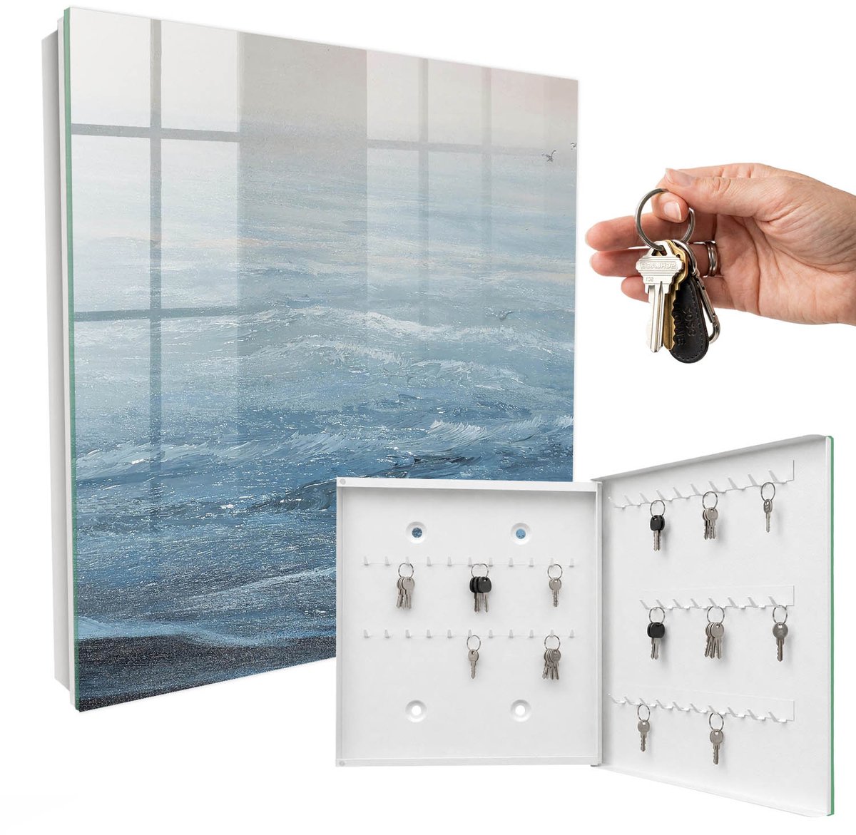 WallMuralia - Sleutelkast - 30x30x5 cm - met 50 haken - Maritieme Harmonie Sleutelkastje Muur - Blauw Sleutelbox - Rechtsopenend - Wit interieur