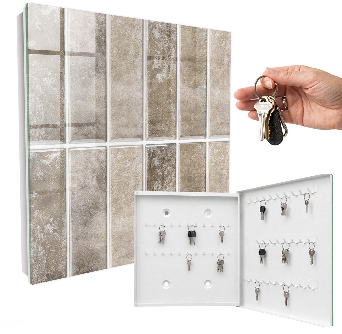 WallMuralia - Sleutelkast - 30x30x5 cm - met 50 haken - Elegante Tegels Sleutelkastje Hal - Grijs Sleutelbox - Rechtsopenend - Wit interieur