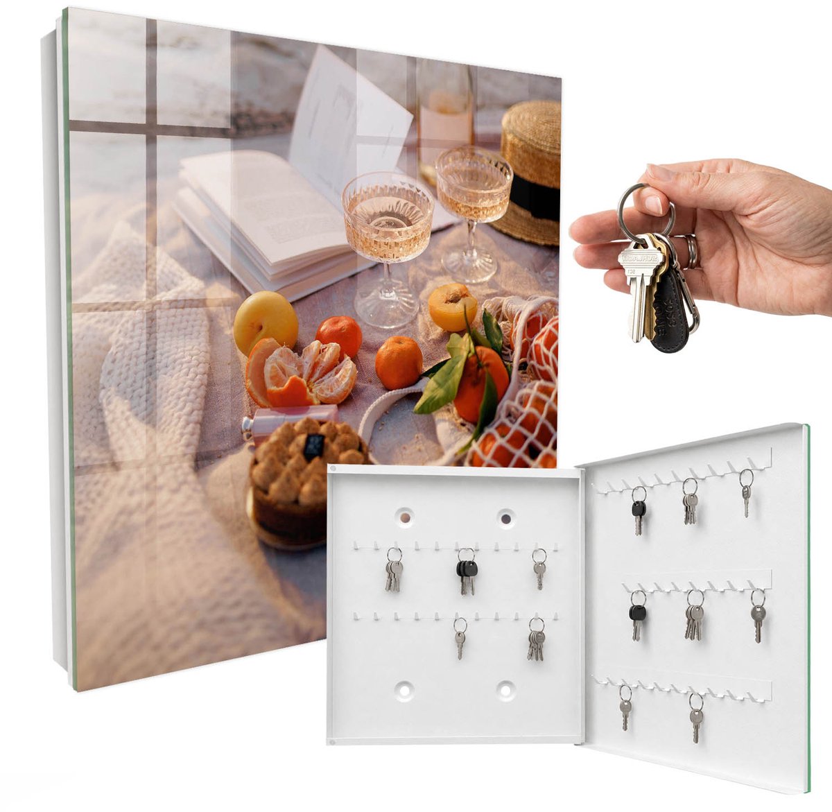 WallMuralia - Sleutelkast - 30x30x5 cm - met 50 haken - Zomerpicknick Sleutelkastje Huis - Oranje Sleutelbox - Rechtsopenend - Wit interieur