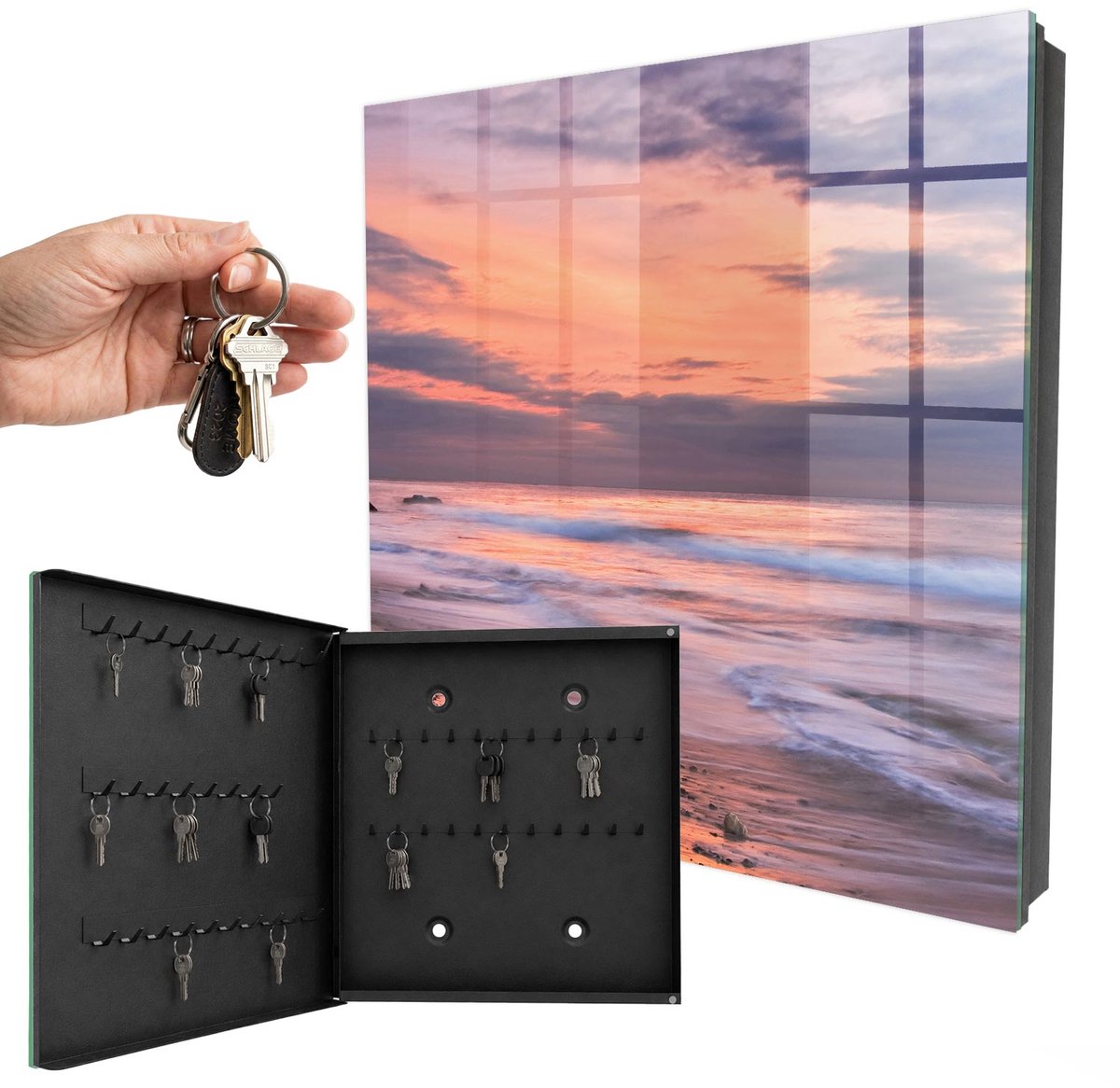 WallMuralia - Sleutelkast - 30x30x5 cm - met 50 haken - Zonsondergang Sleutelkastje Binnen - Roze Sleutelbox - Linksopenend - Zwart interieur