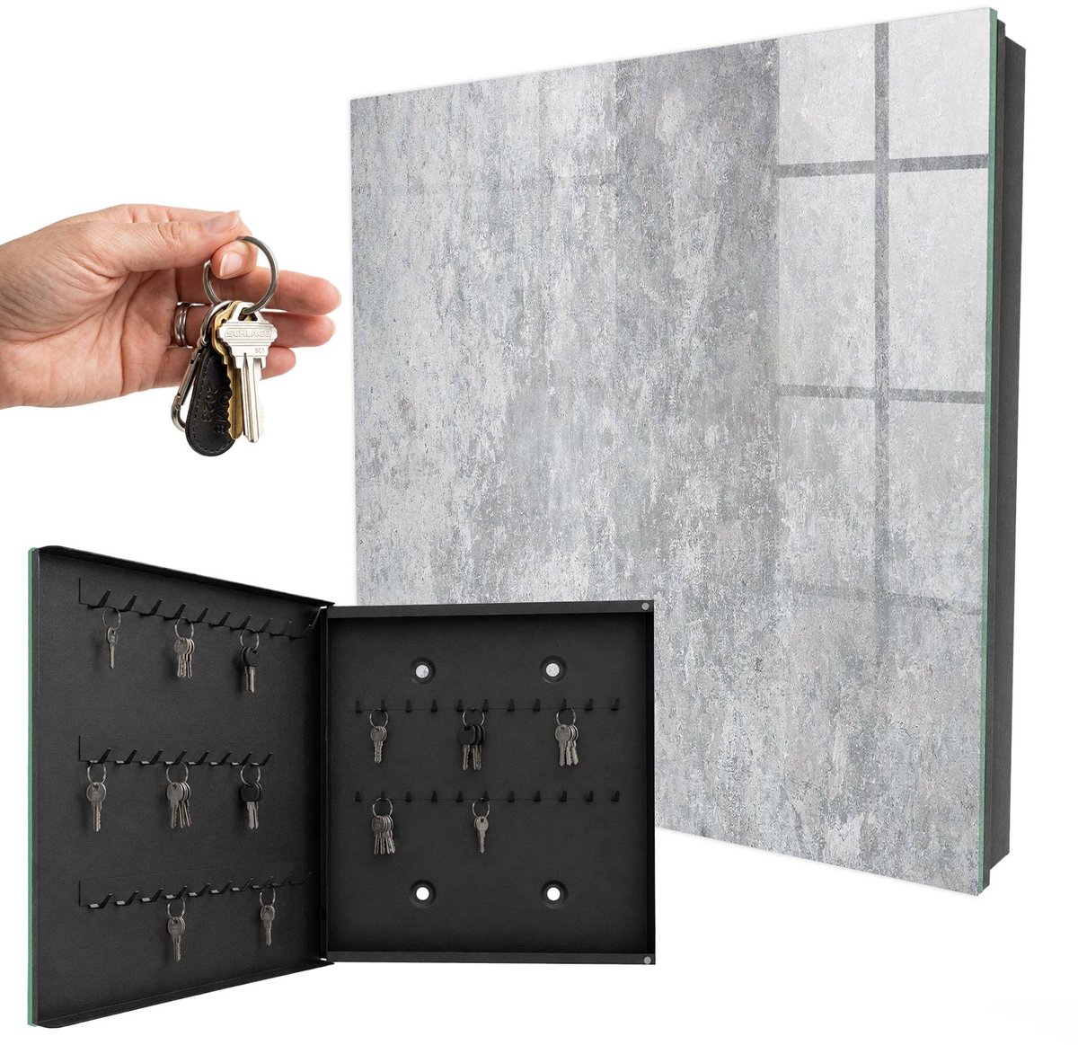 WallMuralia - Sleutelkast - 30x30x5 cm - met 50 haken - Betonpatroon Sleutelkastje Gang - Grijs Sleutelbox - Linksopenend - Zwart interieur