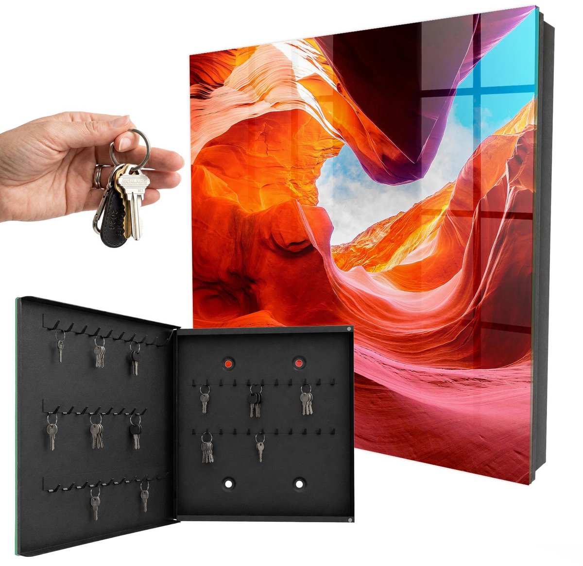 WallMuralia - Sleutelkast - 30x30x5 cm - met 50 haken - Kleurrijke Rotsen Design Sleutelkastje - Oranje Sleutelbox - Linksopenend - Zwart interieur