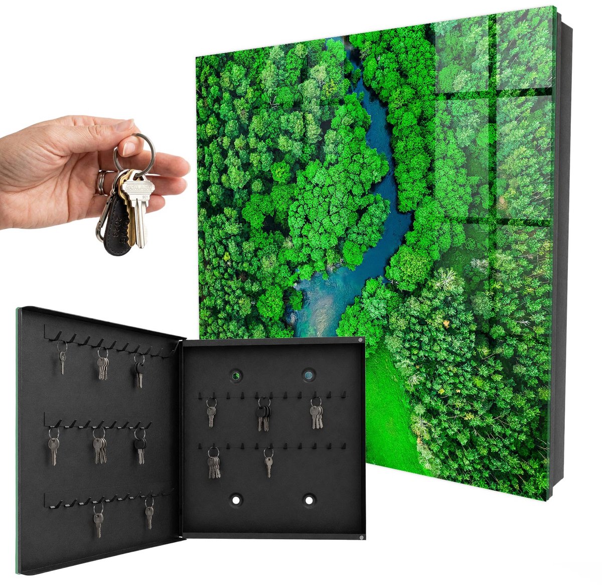 WallMuralia - Sleutelkast - 30x30x5 cm - met 50 haken - Groene Bossen Sleutelkastje Design - Groente Sleutelbox - Linksopenend - Zwart interieur