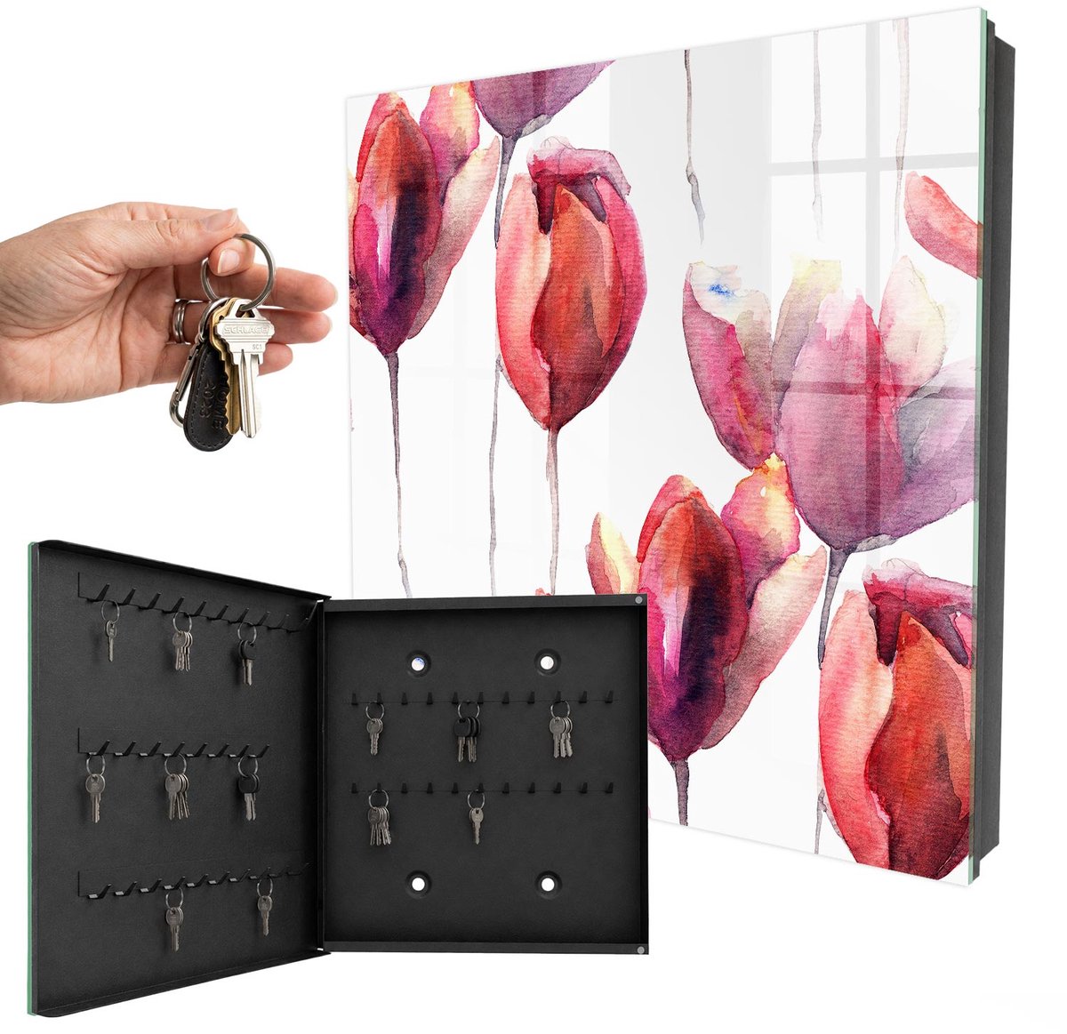 WallMuralia - Sleutelkast - 30x30x5 cm - met 50 haken - Aquarel Tulpen Sleutelkastje Hal - Rood Sleutelbox - Linksopenend - Zwart interieur