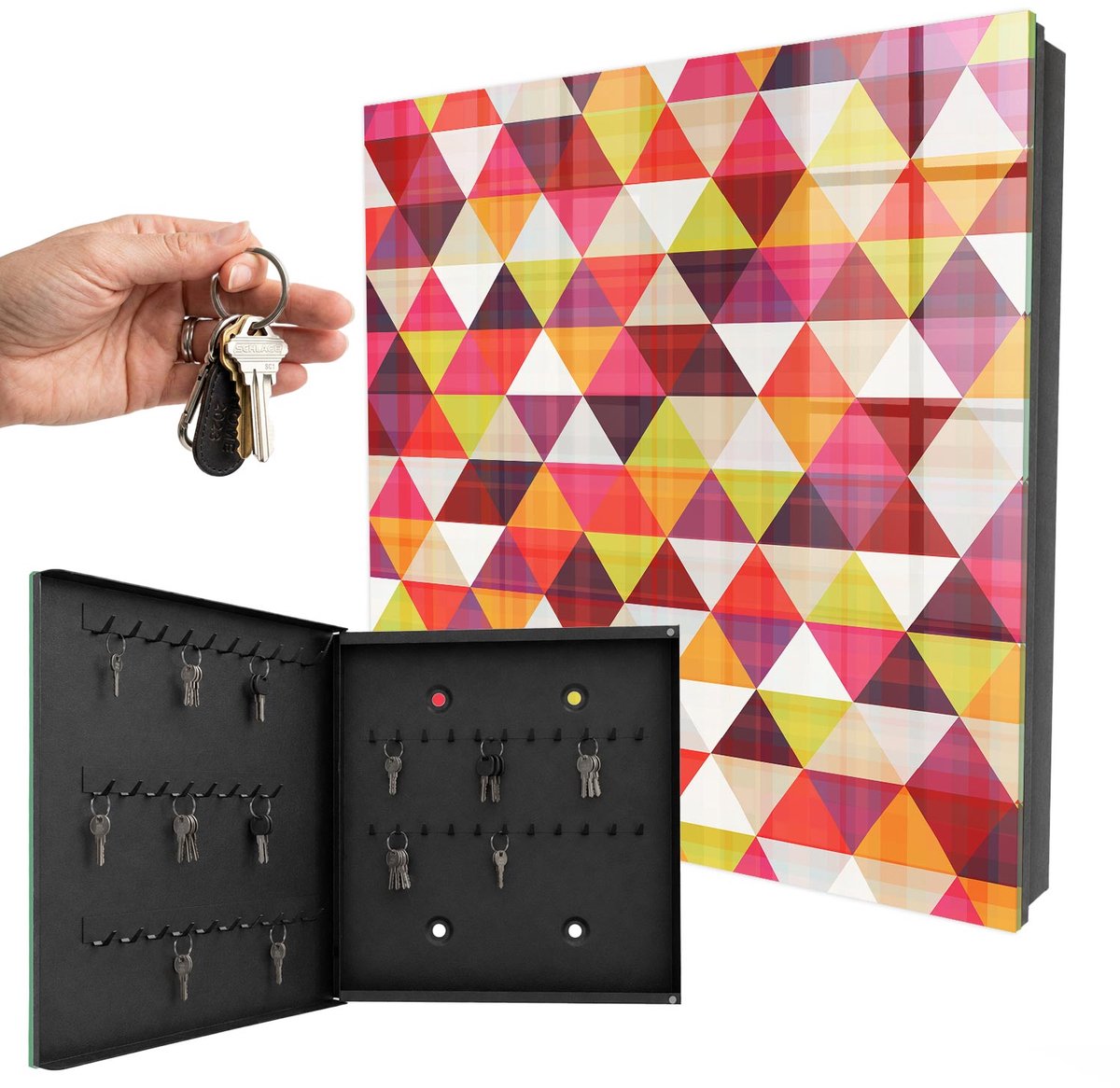 WallMuralia - Sleutelkast - 30x30x5 cm - met 50 haken - Kleurrijke Patronen Sleutelkastje Industrieel - Rood Sleutelbox - Linksopenend - Zwart interieur