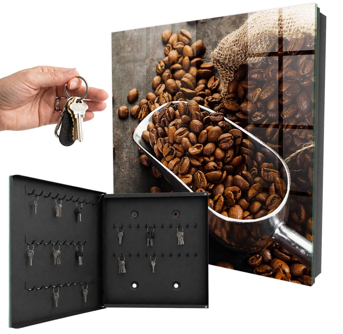 WallMuralia - Sleutelkast - 30x30x5 cm - met 50 haken - Koffiebonen Sleutelkastje Design - Bruin Sleutelbox - Linksopenend - Zwart interieur