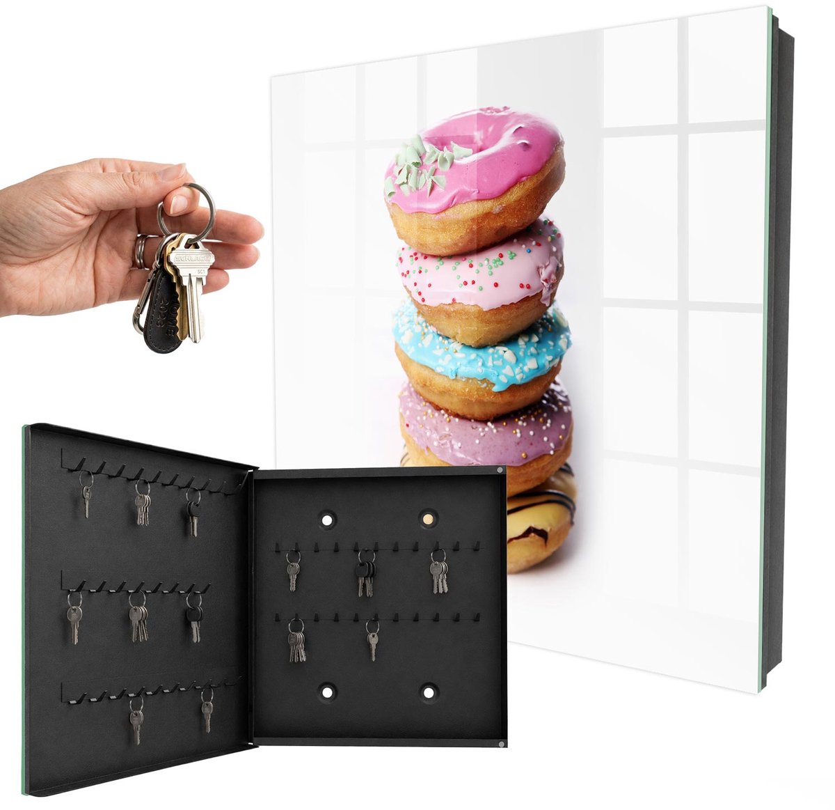 WallMuralia - Sleutelkast - 30x30x5 cm - met 50 haken - Kleurrijke Donuts Sleutelkastje Gang - Roze Sleutelbox - Linksopenend - Zwart interieur