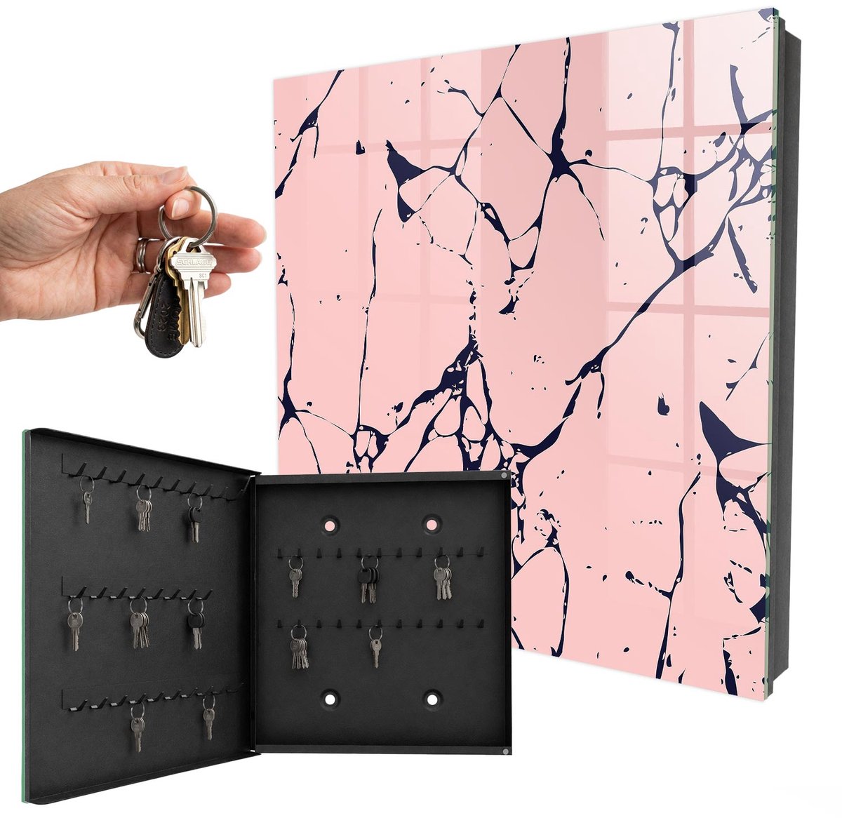 WallMuralia - Sleutelkast - 30x30x5 cm - met 50 haken - Marmeren Mozaïek Sleutelkastje Huis - Roze Sleutelbox - Linksopenend - Zwart interieur