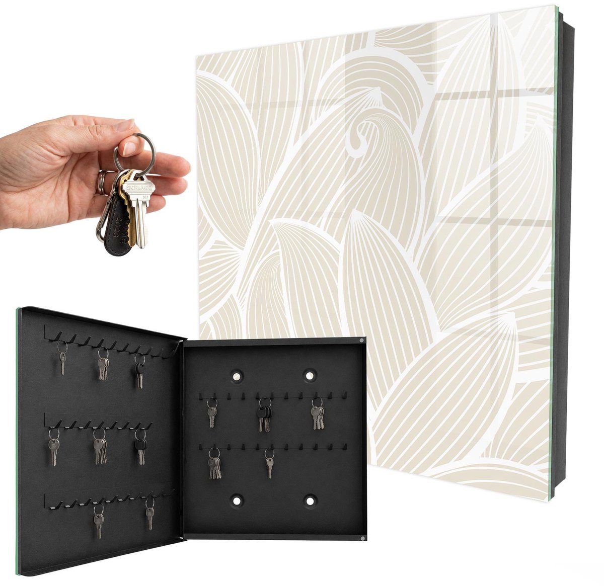 WallMuralia - Sleutelkast - 30x30x5 cm - met 50 haken - Organisch Patroon Sleutelkastje Modern - Beige Sleutelbox - Linksopenend - Zwart interieur