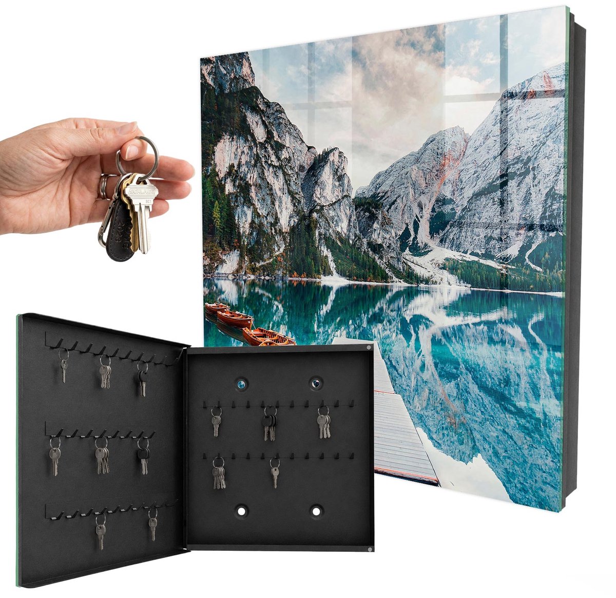 WallMuralia - Sleutelkast - 30x30x5 cm - met 50 haken - Berglandschap Sleutelkastje Huis - Blauw Sleutelbox - Linksopenend - Zwart interieur