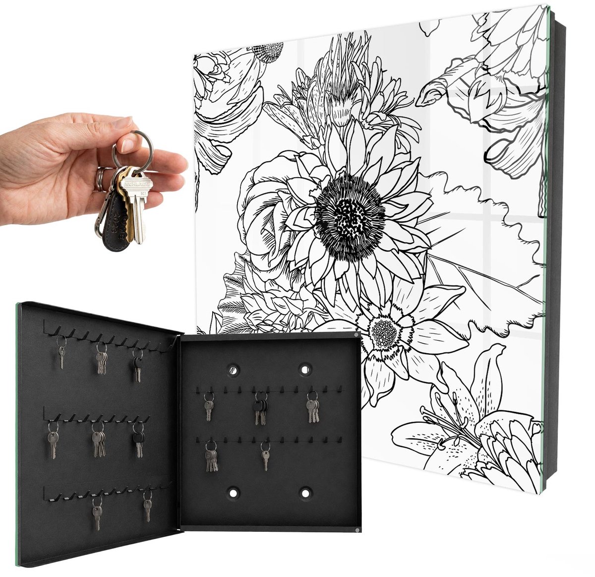 WallMuralia - Sleutelkast - 30x30x5 cm - met 50 haken - Zwart-Witte Bloemen Sleutelkastje Modern - Zwart-Wit Sleutelbox - Linksopenend - Zwart interieur