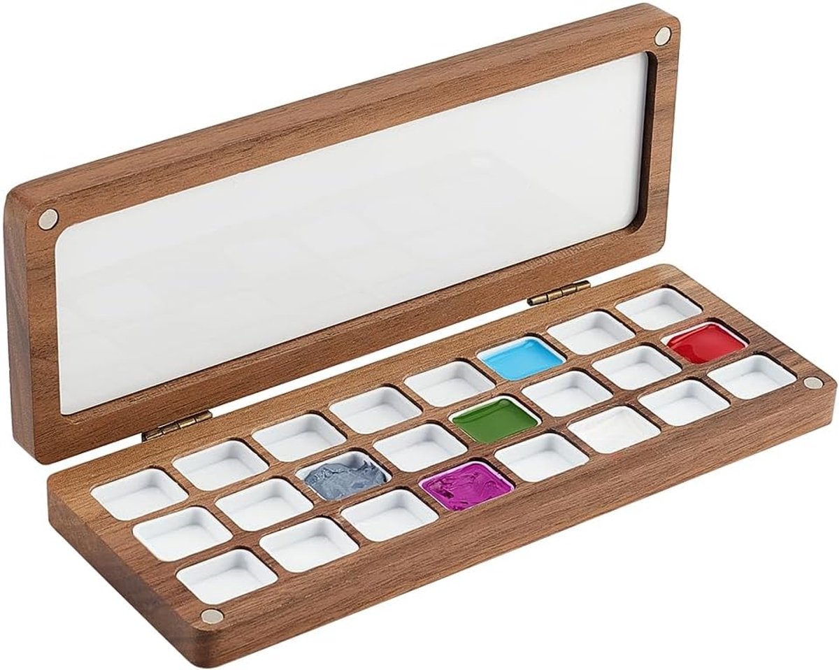 PandaHall Lege Aquarel Verf Palet, 24 Rasters Houten Kleur Menglade