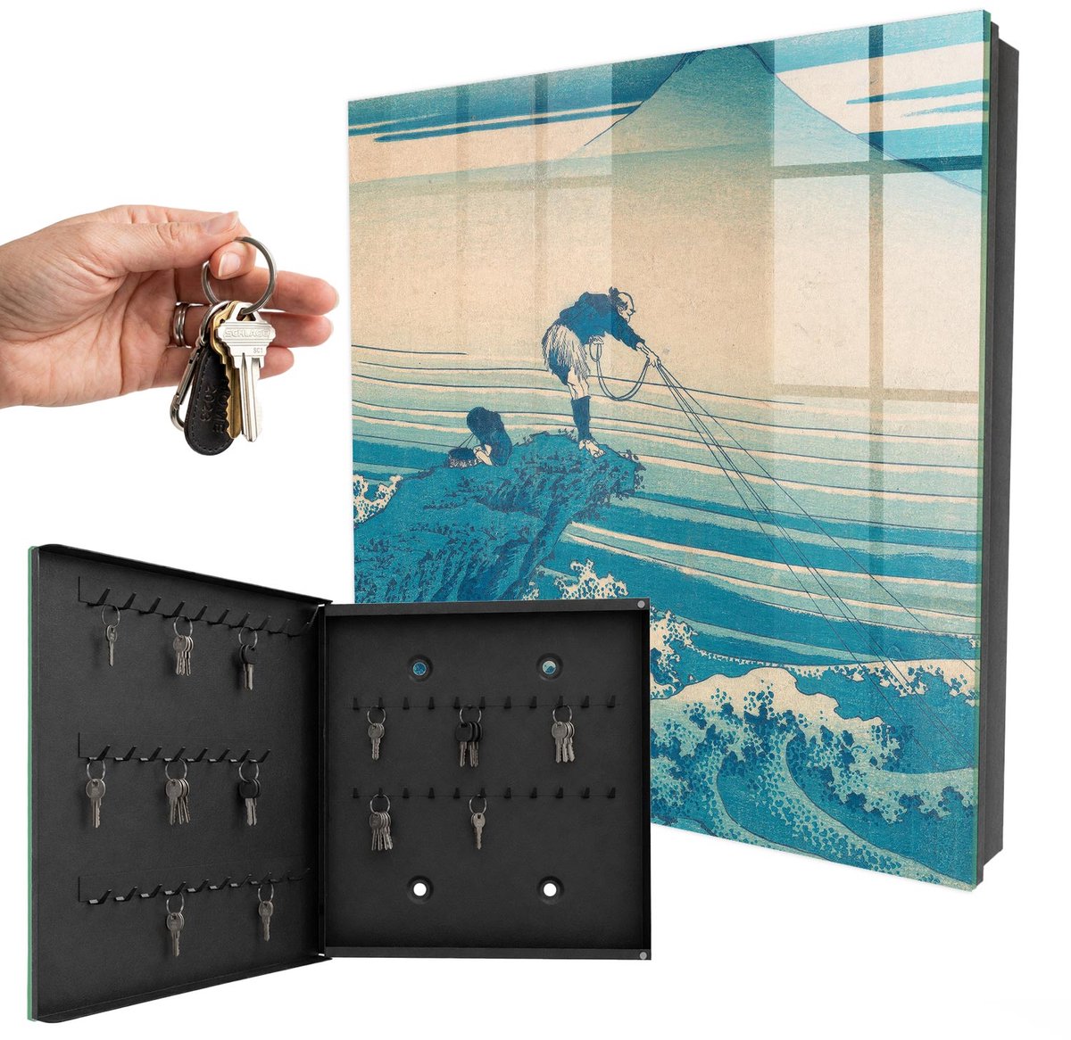 WallMuralia - Sleutelkast - 30x30x5 cm - met 50 haken - De Visser En De Golven Groot Sleutelkastje - Blauw Sleutelbox - Linksopenend - Zwart interieur