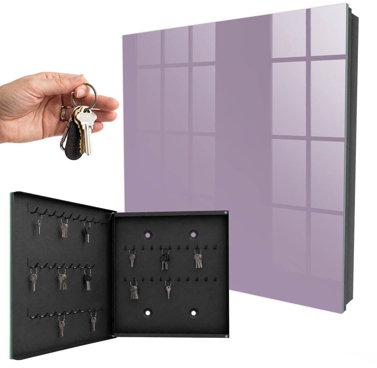 WallMuralia - Sleutelkast - 30x30x5 cm - met 50 haken - Lila Paars Sleutelkastje Binnen - Paars Sleutelbox - Linksopenend - Zwart interieur