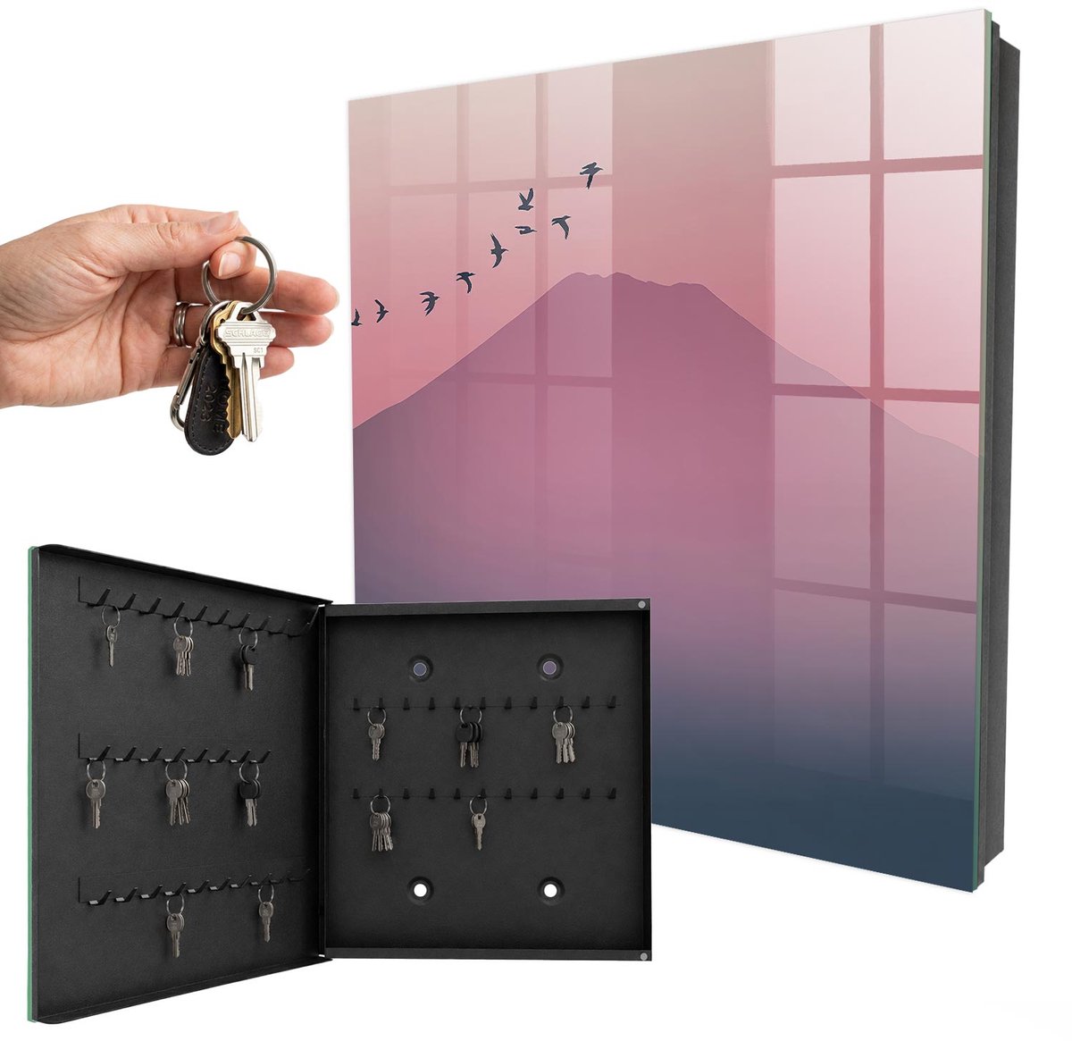 WallMuralia - Sleutelkast - 30x30x5 cm - met 50 haken - Vredige Natuur Design Sleutelkastje - Roze Sleutelbox - Linksopenend - Zwart interieur