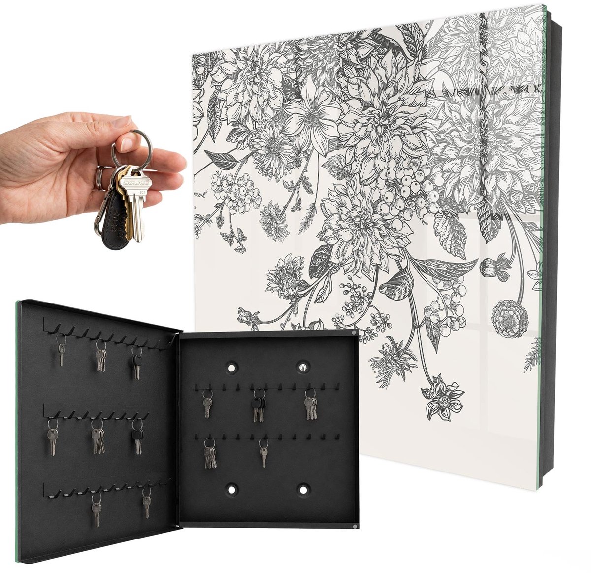 WallMuralia - Sleutelkast - 30x30x5 cm - met 50 haken - Bloemige Elegantie Sleutelkastje Klein - Zwart Sleutelbox - Linksopenend - Zwart interieur