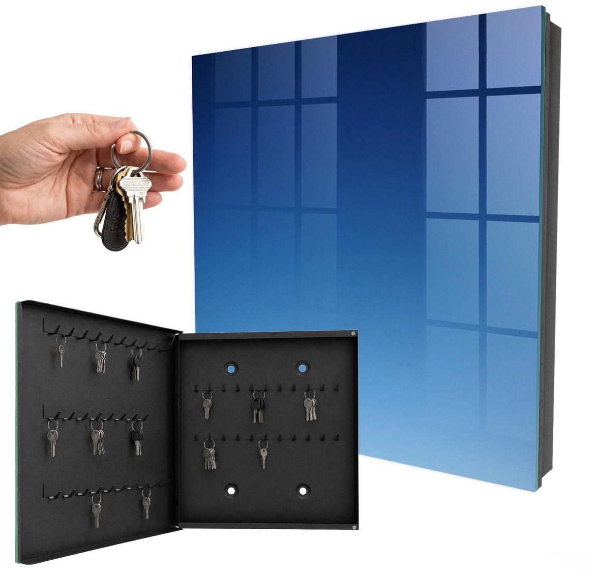 WallMuralia - Sleutelkast - 30x30x5 cm - met 50 haken - Blauwe Lucht Sleutelkastje Gang - Blauw Sleutelbox - Linksopenend - Zwart interieur