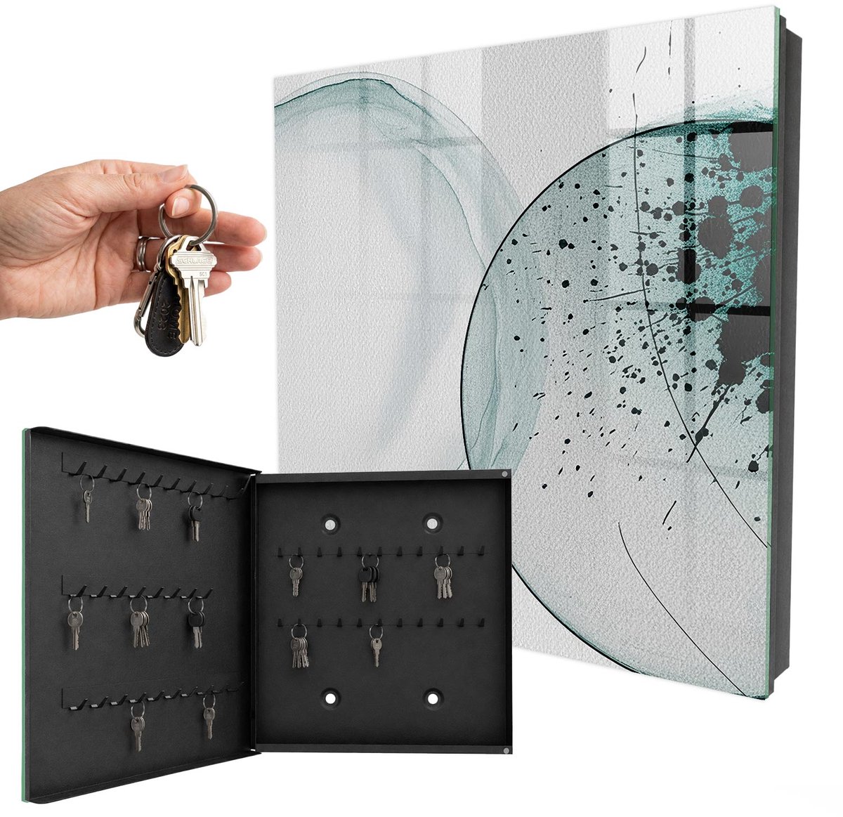 WallMuralia - Sleutelkast - 30x30x5 cm - met 50 haken - Elegante Abstractie Sleutelkastje Landelijk - Grijs Sleutelbox - Linksopenend - Zwart interieur