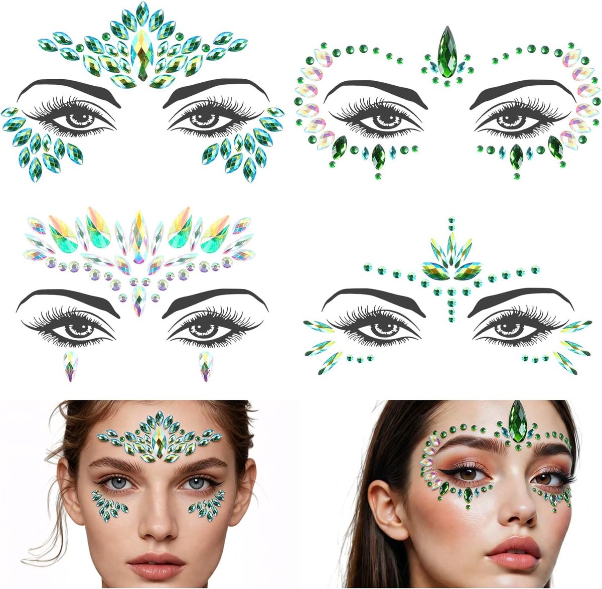 Glitterstenen voor gezicht, festival, edelstenen, strass, sierstenen, zelfklevend, glitter, gezichtssticker voor feest, carnaval, Halloween (kleur: groen)