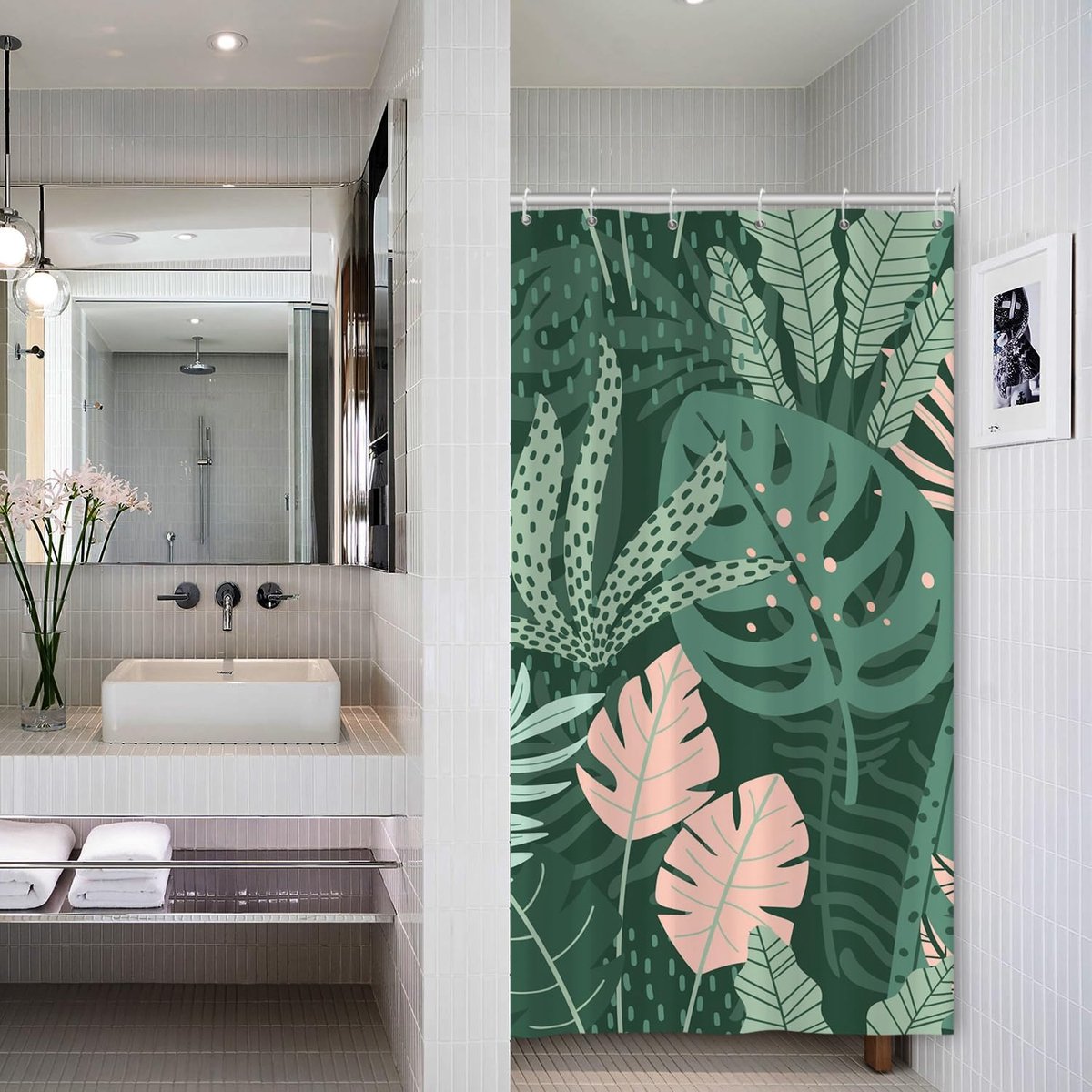 cabine douchegordijn groen botanische tropische palmbladeren