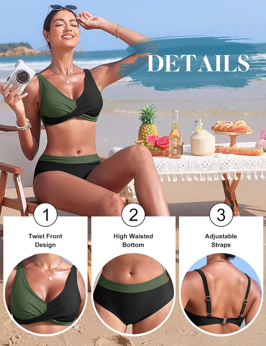 Badpak voor dames, tweedelig, gedraaid, hoge taille, push-up