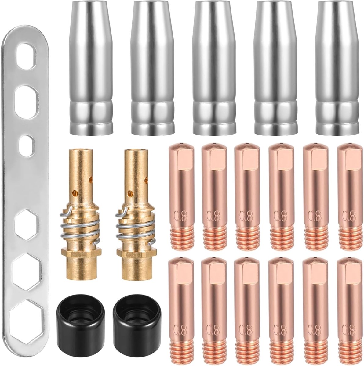 22 stuks slijtageset, beschermgaslasapparaat accessoires, met 12 x stroommondstuk M6 0,8mm, 5 x lasmondstukken, 2 x mondstukhouder, 2 x isolator, 1 schroevendraaier voor MIG MAG lasbrander MB15AK