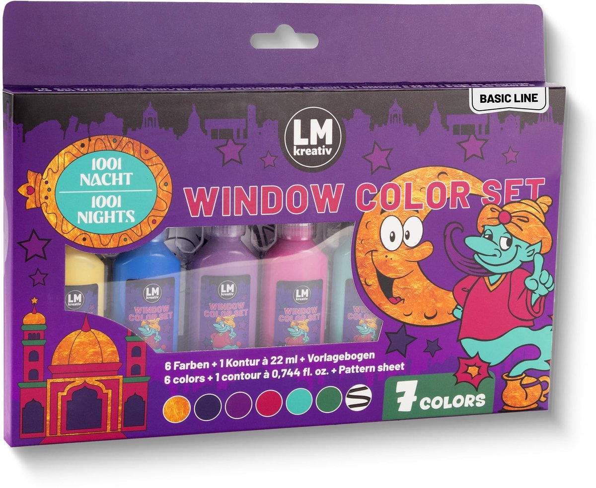 LM-Kreativ Window Color raamverf set 1001 Nights - 7 kleuren 22 ml - met zwarte contourverf en sjablonen