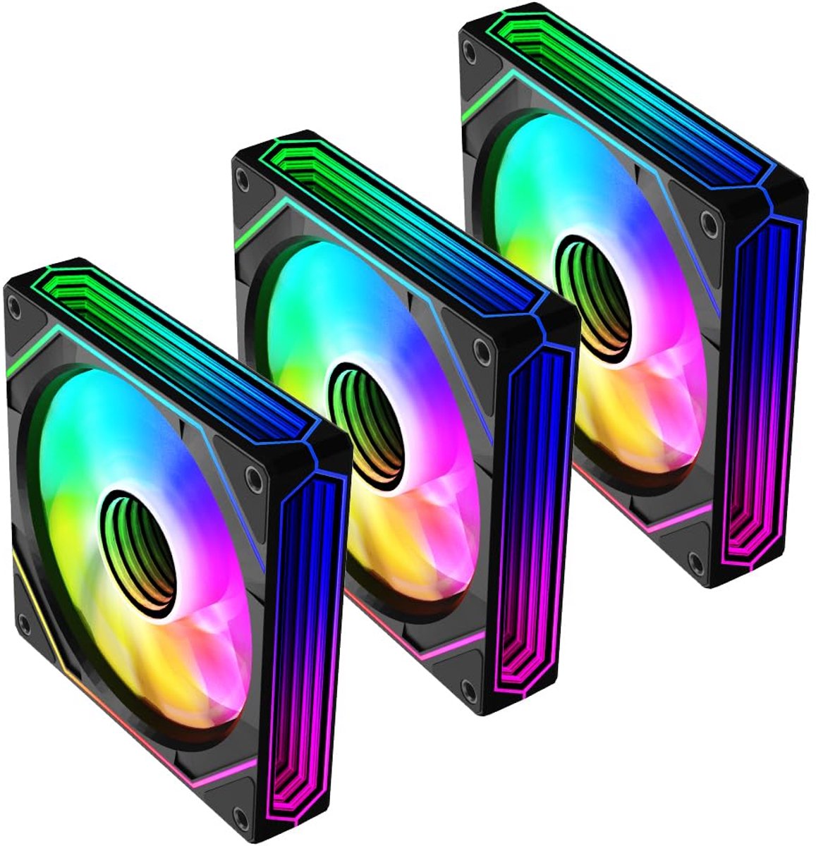 Prism 6 Pro RGB ventilator 120 mm, drie oneindige spiegels aan de zijkant, 5 V 3PIN ARGB 4PIN PWM ventilator (3, zwart, 120MM-Reverse)