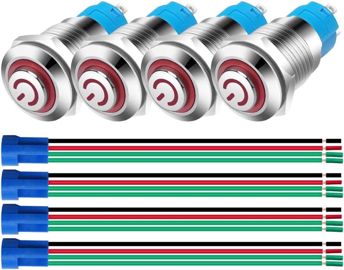 4st 12mm Roestvrijstalen Zelfsluitende Drukknopschakelaar 3V-5V-6V-7.5V-9V-12V/3A Power Symbool LED Normaal Open SPST AAN Uit Waterdichte Tuimelschakelaar met Draadstekker (Rood)