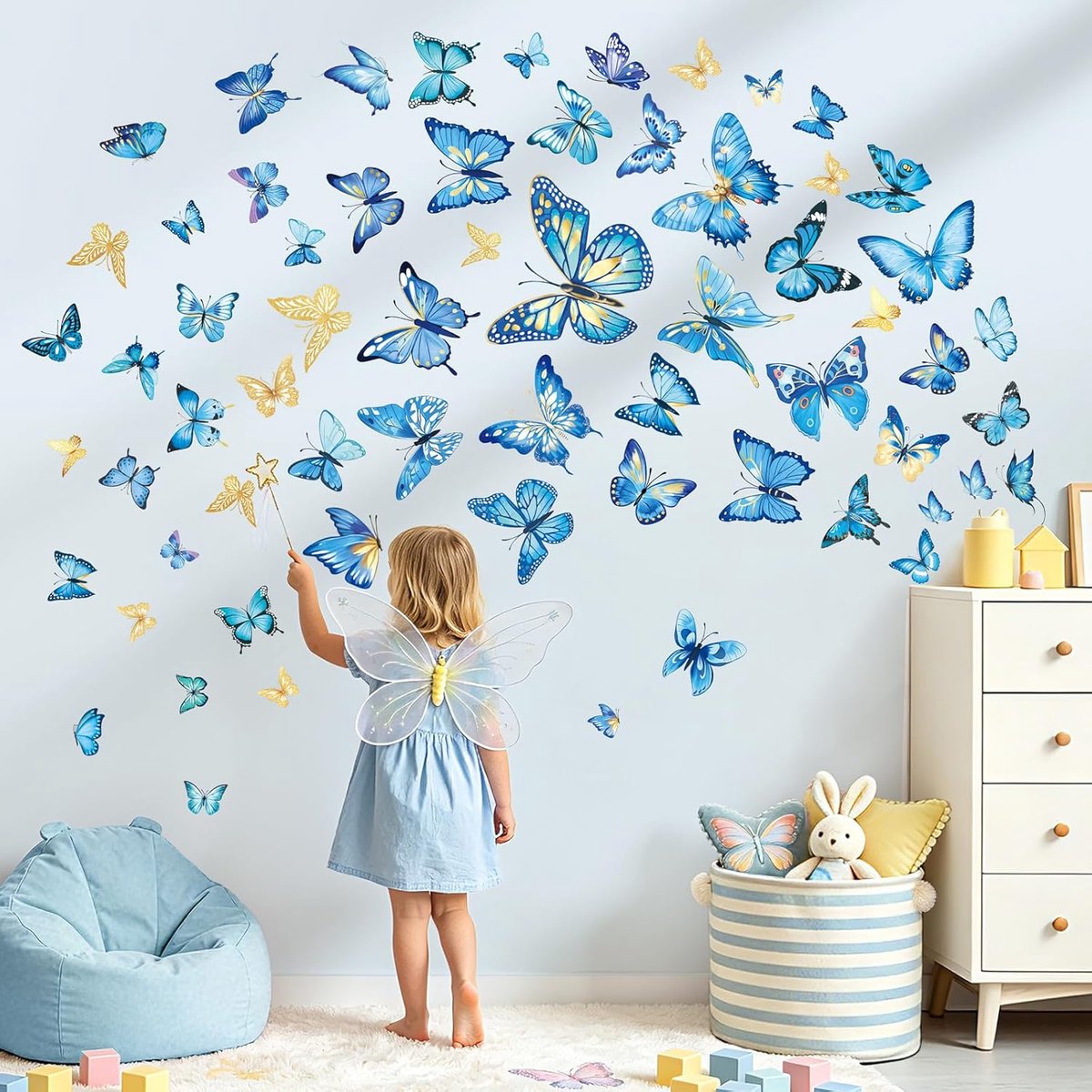 Muurstickers Aquarel Blauw Goud Vlinders Schillen en Stokken Muur Art Decals voor Slaapkamer Baby Meisjes Kamer Kwekerij
