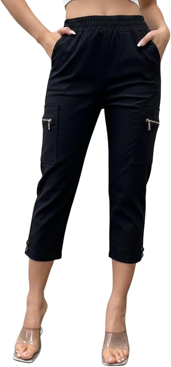 Dames 3/4 broek elastische tailleband hoge taille stretch cargobroek met ritssluiting zakken smal taps toelopende capribroek driekwart zomerbroek