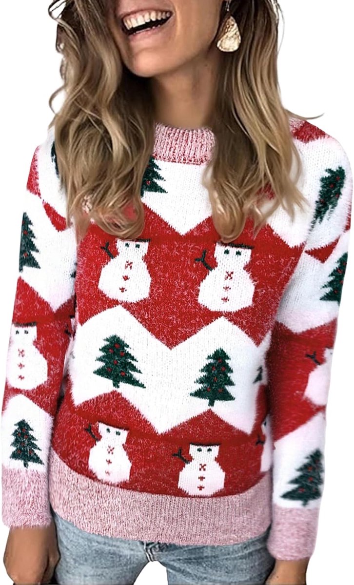 trui voor dames van Marvmys, trui met lange mouwen, ronde hals, losse pasvorm, warme vintage kersttrui, voor herfst en winter