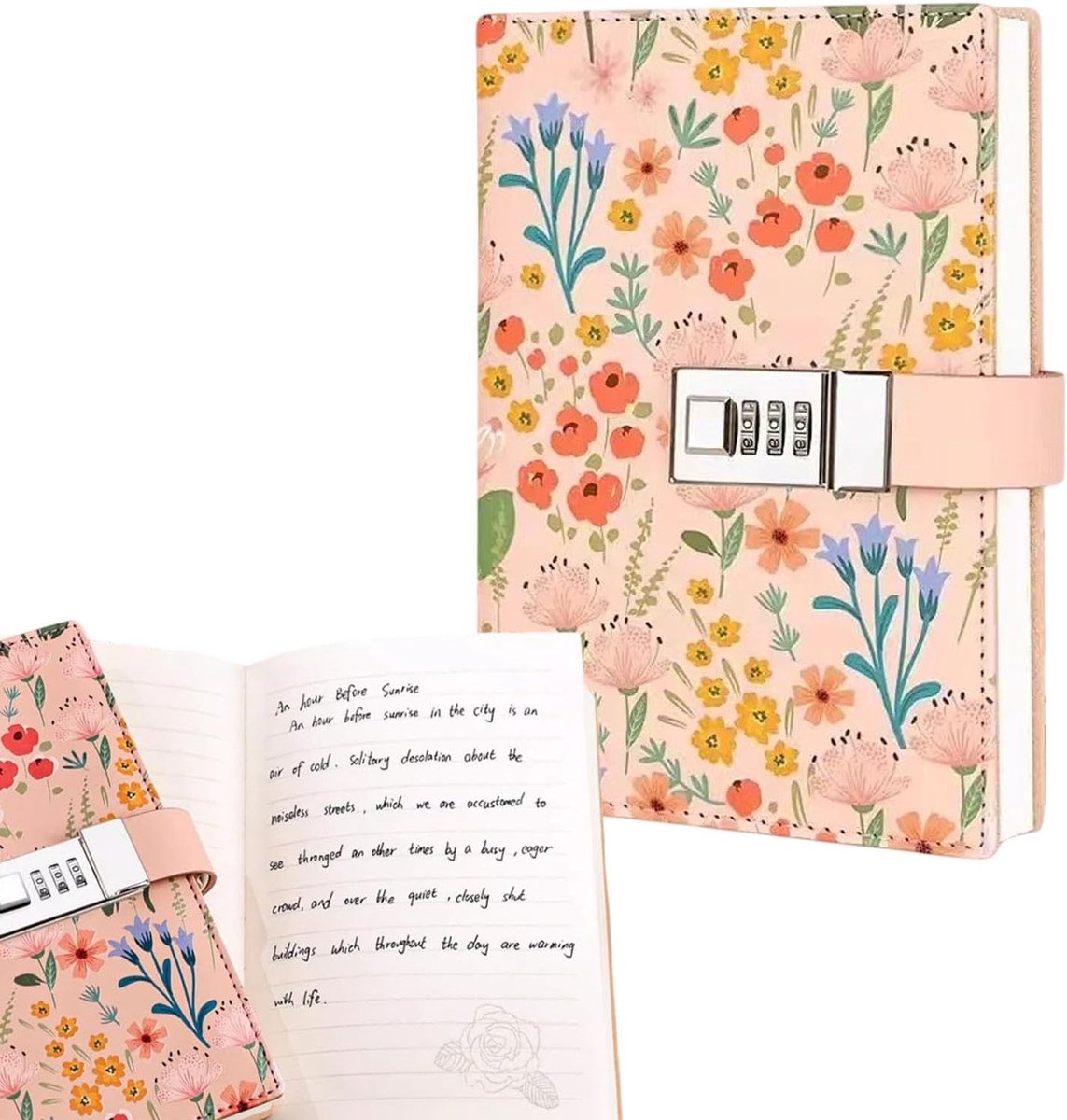 mit Schloss, verschlossenes Rosa Blumen Tagebuch für Frauen und Mädchen, nachfüllbares wasserdichtes PU-Leder-Tagebuch mit liniertem Papier, stilvolles silbernes Tagebuch mit Verschluss