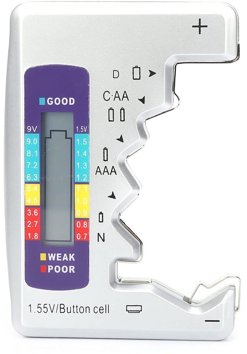Digitale batterijtester met lcd-display, universeel meetinstrument voor AA-, AAA-, 9 V batterijen en knoopcellen, 90 x 6