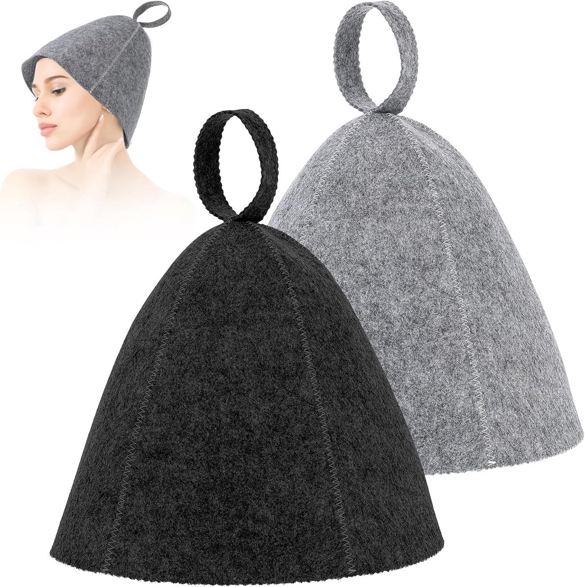 2 stuks saunahoed, vilt, wollen saunamuts, zachte saunakap, saunamuts, vilten hoed, absorberend, sauna-accessoire voor dames en heren, hoofdbescherming, universele maat (grijs, zwart)