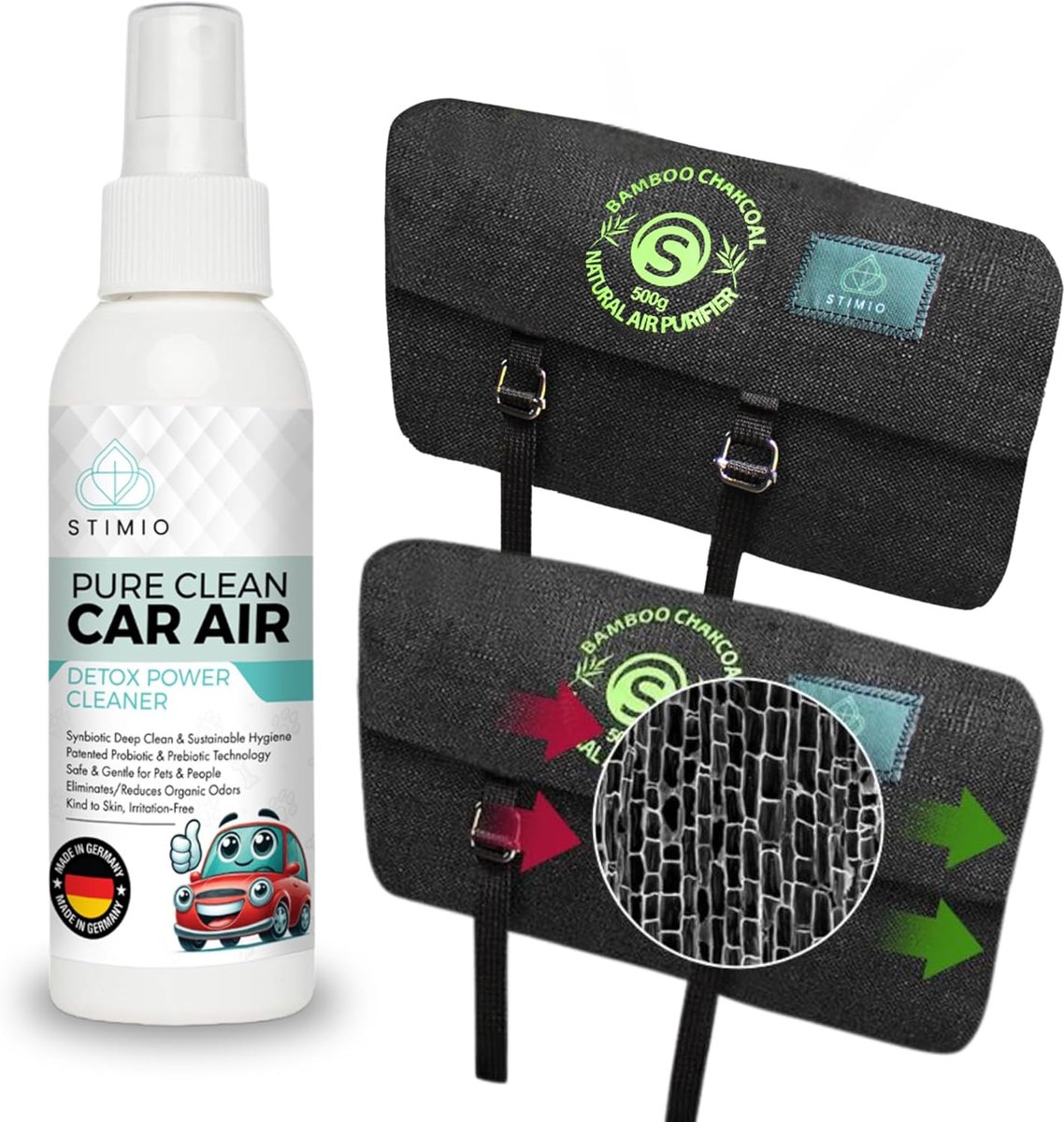SnelShoppen - Auto Ontvochtiger & Geurverdrijver Set - 2 x 500g Geactiveerde Koolstofzak + Probiotica 100ml Spray - Schone Lucht - Droge Zitplaatsen,